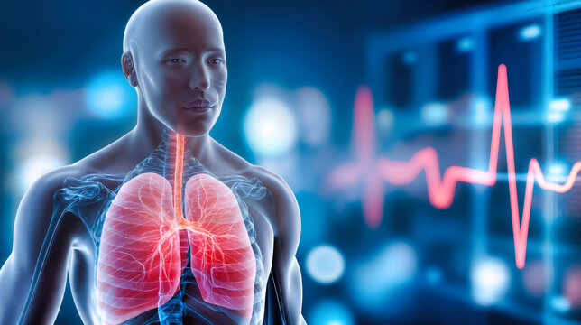 Human respiratory system anatomy with highlighted lungs, medical healthcare concept, breathing organs, pulmonary health, disease prevention, air quality, wellness