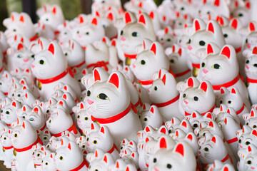 Tokyo, Japan - Sep 30 2024, A close-up view of many multi-sized white beckoning cat figure of Maneki neko with red ears and noses displayed at Gotokuji Temple, without people, at daytime, Tokyo, Japan