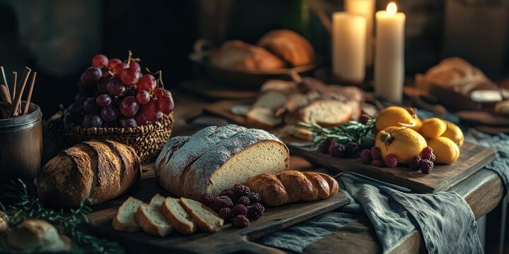 Rustic feast of bread, grapes, and lemons lit by candles, on wooden table - Powered by Adobe