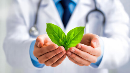 Doctor hands protecting green plant leaves. Natural holistic healthcare medicine concept. Environmental wellness treatment approach.