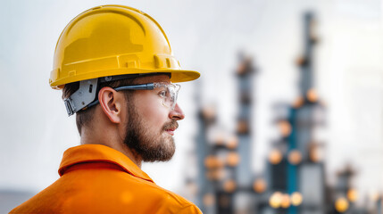 Industrial worker in safety helmet and protective vest at construction site with facility background for engineering and manufacturing projects