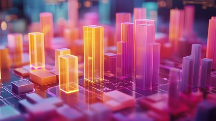 Obraz premium A dynamic D bar chart with translucent bars in different heights, hovering over a futuristic financial dashboard with glowing elements