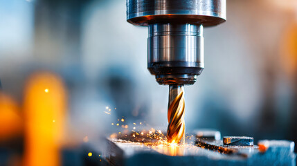 Cnc milling machine drilling metal workpiece with sparks flying in precision manufacturing workshop. Industrial metalworking automation technology.