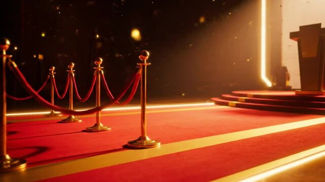 Red carpet leading to a spotlighted stage, an iconic entrance to Hollywood success and celebrity