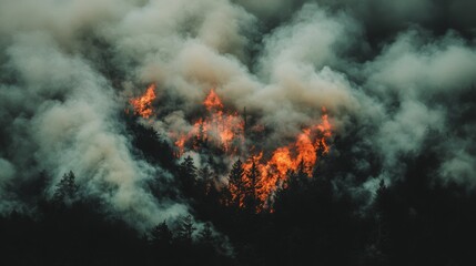 A forest engulfed in flames, with billowing smoke rising into the sky, representing the increasing frequency of wildfires due to global warming