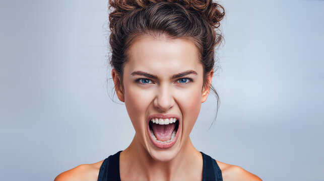 Angry young woman with furious facial expression screaming and yelling with intense rage and emotional outburst portrait