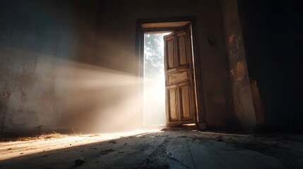 An old weathered wooden door opens to reveal bright daylight streaming into an otherwise dark and abandoned interior creating a dramatic play of light and shadow © Srinard