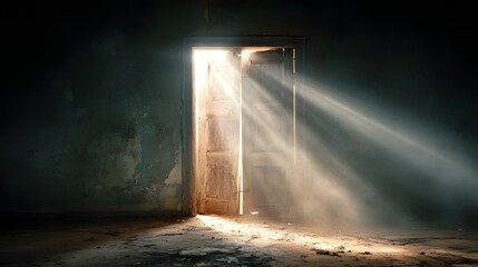An old weathered wooden door stands open inviting a burst of bright daylight to stream into the dimly lit abandoned interior of a forgotten room