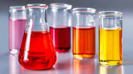 Laboratory glassware with colorful chemical solutions in beakers and flasks for scientific research, analysis, testing, pharmaceutical development, quality control procedures
