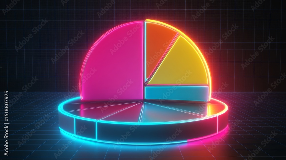 Poster A futuristic D pie chart with floating segments, each glowing with neon lights, set against a dark grid background, representing financial data visualization