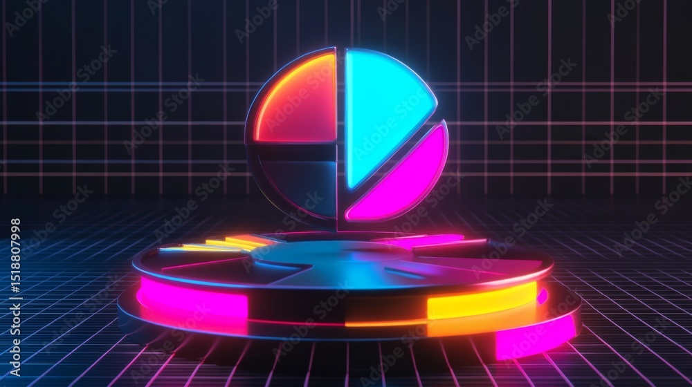 Fototapete A futuristic D pie chart with floating segments, each glowing with neon lights, set against a dark grid background, representing financial data visualization