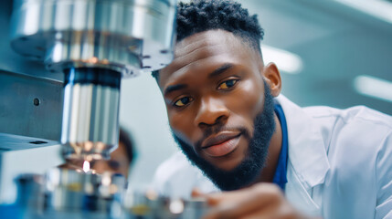 Professional scientist examining samples through microscope in modern laboratory conducting research analysis and testing experiments