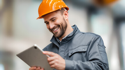 Construction worker with tablet and orange hardhat smiling at building site. Professional engineer using digital technology for project management and planning outdoors.