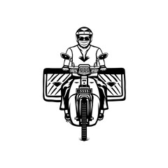 fast package delivery courier riding a classic motorcycle front view black and white line art