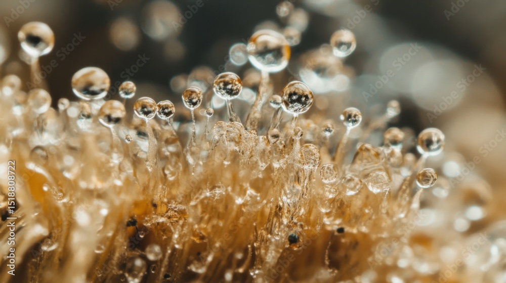 Poster a macro shot of a mushroom with clear water droplets clinging to its gills, highlighting the intrica