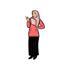 smiling muslim woman pointing up with her right hand vector illustration