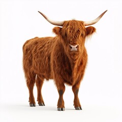 Highland Cow Grazing in Scottish Meadow. Shaggy Brown Fur, Long Horns, and Sustainable Agriculture at Its Best