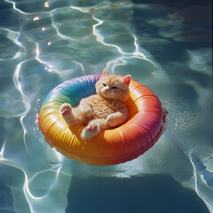 A stuffed cat rests on a rainbow float, drifting gently over soft ripples in the shimmering pool water.