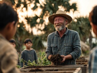 Senior Farmer Teaching Children Gardening