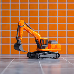 A toy excavator sits on a gray and orange tiled background, ready for play with its tiny scoop raised.
