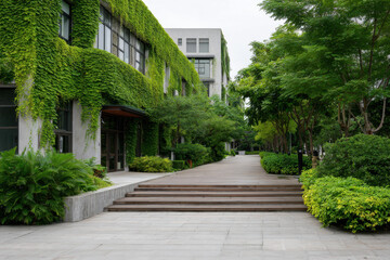 modern urban landscape featuring cultural centers with green facades and ecofriendly designs