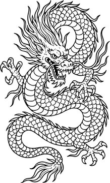 Dragon - Vector illustration of oriental dragon for tattoo. Editable vector of Japanese, Chinese and Asian dragon. Designs for stickers, prints, coloring and decals