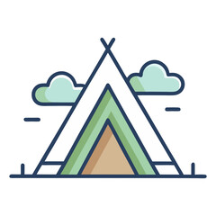 An outline icon depicts a triangular tent or teepee with a blue entrance and green interior, set between two simple clouds, evoking a camping scene.