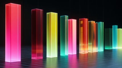Obraz premium A row of vibrant, glass-like bars in a financial bar chart, with each bar glowing softly against a sleek, dark grid background, representing economic growth