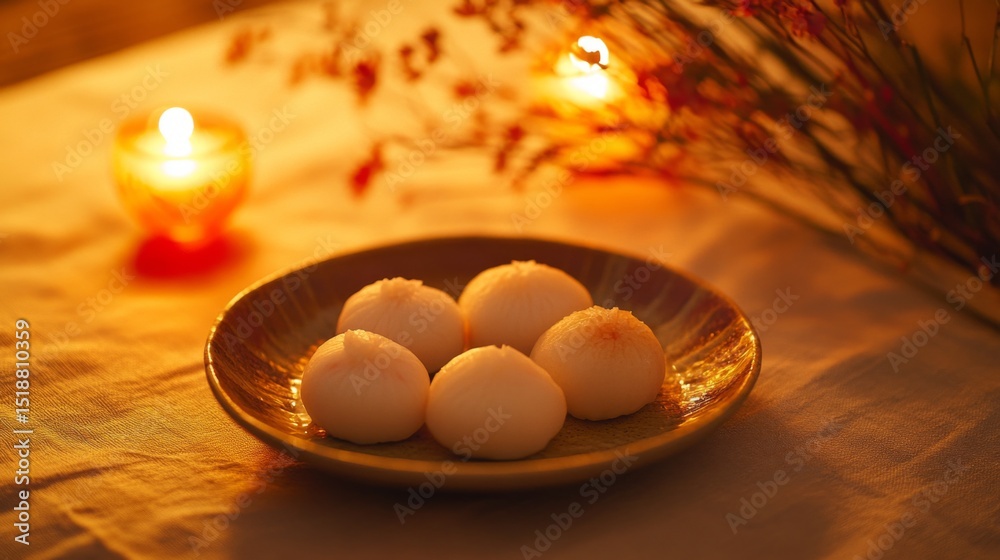 Poster a serene image of daifuku arranged on a simple ceramic plate, with delicate floral decorations and s