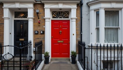 Vibrant red front door on a charming london residential street capturing urban elegance By Matvejs