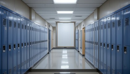 university corridor with a lone empty poster frame hanging from the wall, surrounded by lockers and classrooms, university corridor, school hallways