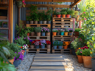Eco-friendly potted plants arranged on wooden pallets in a lush garden setting, creating a sustainable and vibrant atmosphere that highlights nature and environmental care.