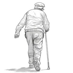 Elderly person walking with a walking stick, rear view.
