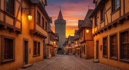 Fototapeta premium Cobblestone street leading to a medieval tower at sunset with half timbered buildings on both sides