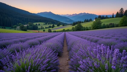 Beautiful landscape showcasing a lavender field beside the Alpe foothills.