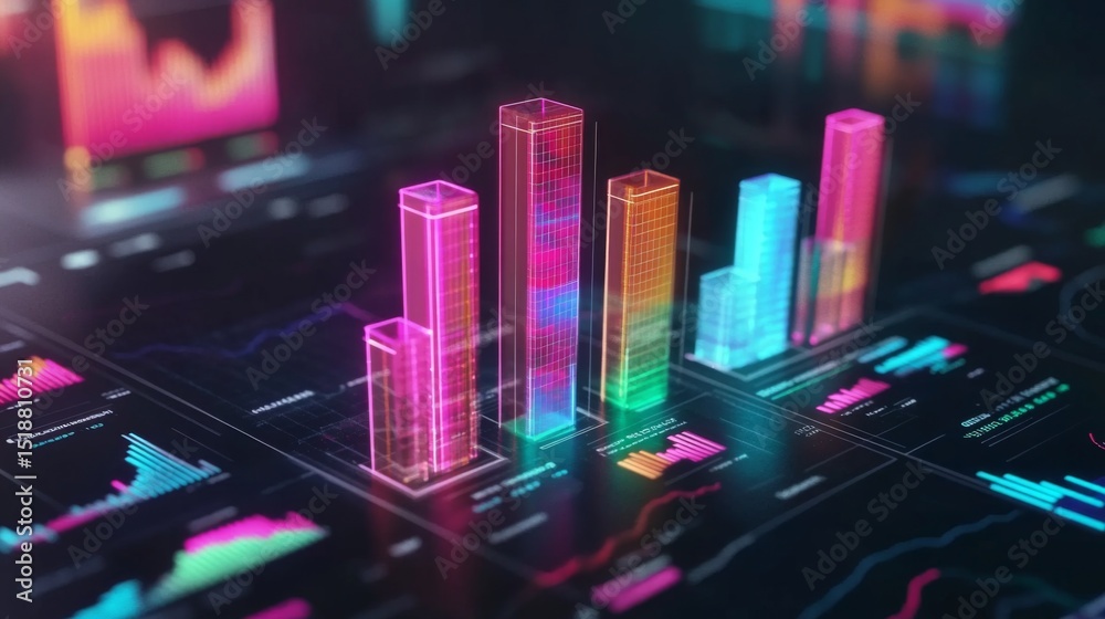 Poster A set of glossy D bars rising dramatically from a financial dashboard, with neon highlights and subtle lighting effects to convey financial growth