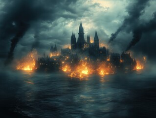 Fototapeta premium A castle is on fire and is surrounded by water. The sky is dark and cloudy. Scene is intense and dramatic