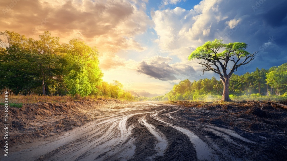 Poster A stark contrast between a vibrant forest and an area devastated by logging, emphasizing the impact of human activity on natural ecosystems and global warming