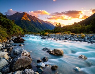Photorealistic landscape of a New Zealand river at sunset