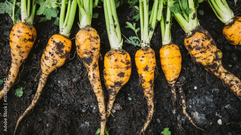 Poster A top-down view of freshly harvested turmeric roots with dirt still clinging to them, showcasing the connection between farm and table in a rustic setting