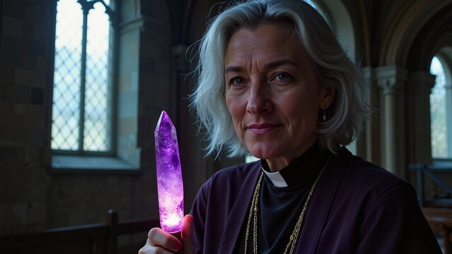 Retrato de sacerdote con b&aacute;culo iluminado en catedral