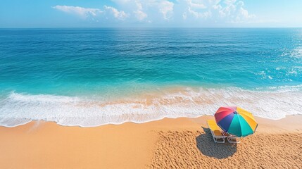 serene beach escape featuring an inviting ocean view with gentle waves lapping against the sandy shore and a colorful umbrella shading two beach chairs creating a perfect relaxation scene