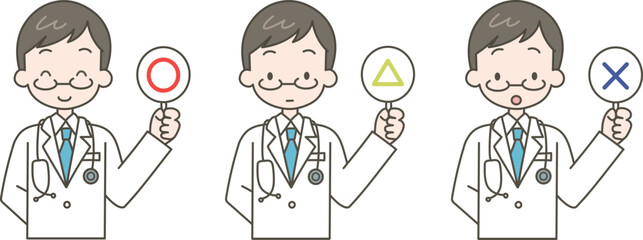まる、さんかく、バツの札を持つ男性医師.eps