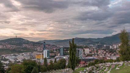 City panorama from Old Jewish cemetery day to night timelapse in Sarajevo