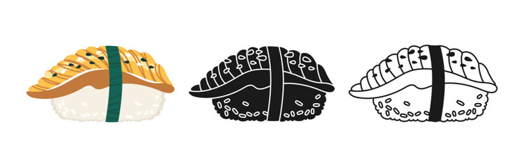 Sushi Nigiri with eel symbol cartoon set. Traditional Asian Japanese food linear doodle icon. Sushi seafood vector illustration. Stylized doodle design sign for oriental menu, cafe, bar, restaurant