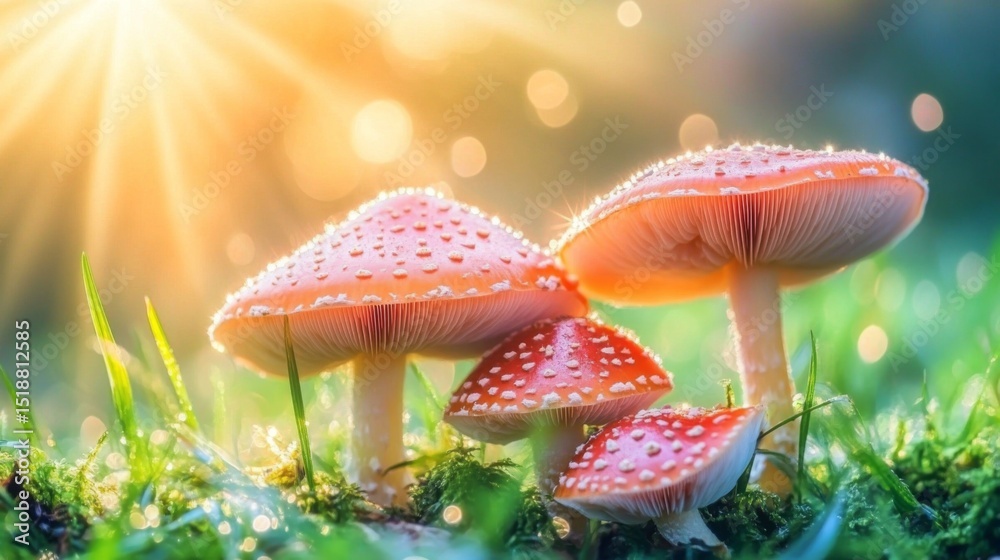 Poster a whimsical scene of mushrooms with sparkling dew in a misty forest, showcasing the magical atmosphe