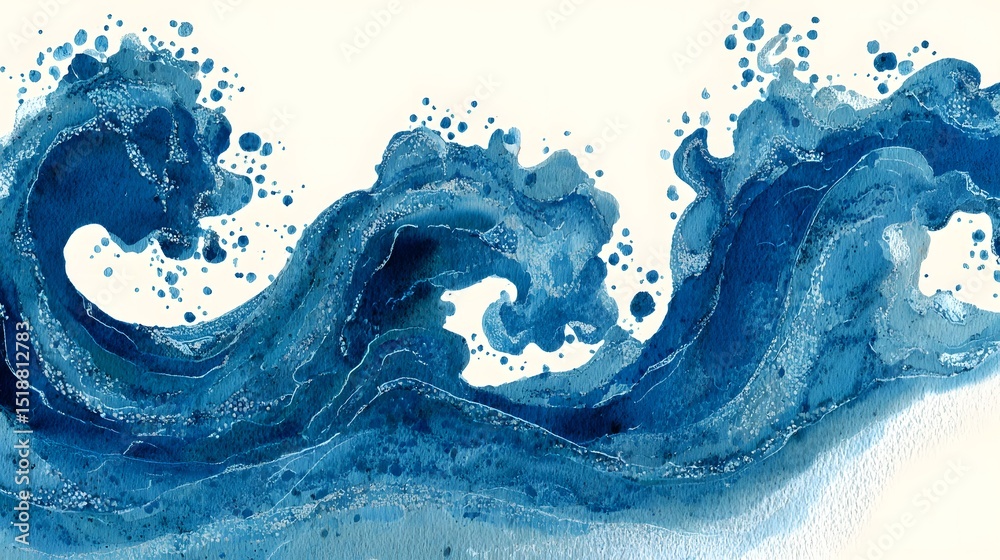 Poster A captivating abstract design featuring dynamic flowing blue ocean waves with splashing water textures and an ethereal atmospheric