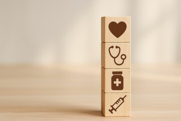 Healthcare symbols stacked wooden blocks medical concept