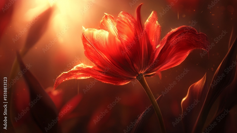 Poster close-up of a red tulip with soft light shining through its petals, showing texture and detail