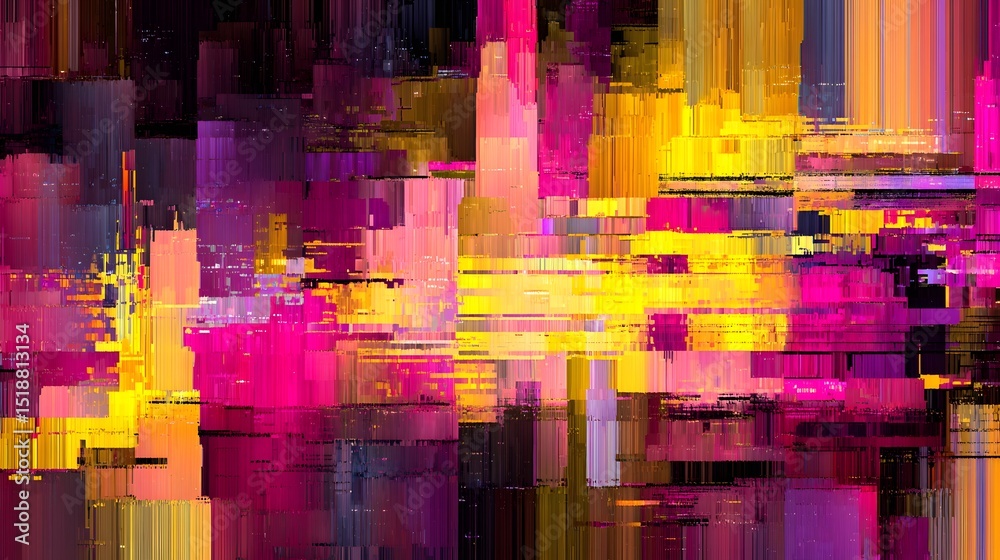 Fototapete A mesmerizing abstract composition featuring a dynamic wave pattern with glitch like digital textures neon inspired colors and distortion effects creating a retro futuristic